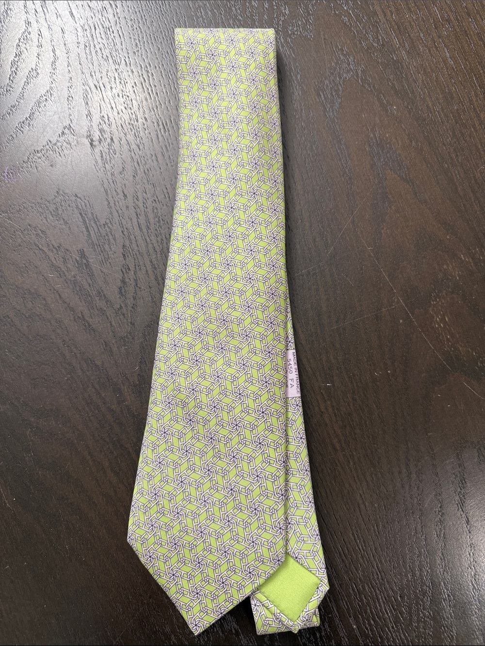 Hermes Green Geometric Silk Tie with Blue Accents
